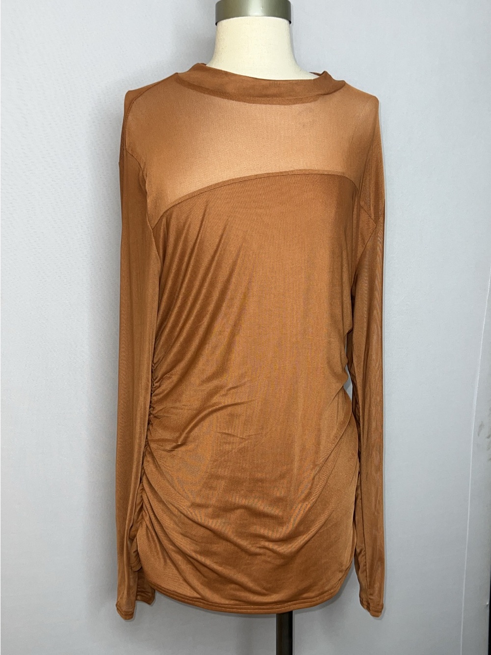 Long-Sleeve Sheer Yoke Tunic Top in Warm Brown